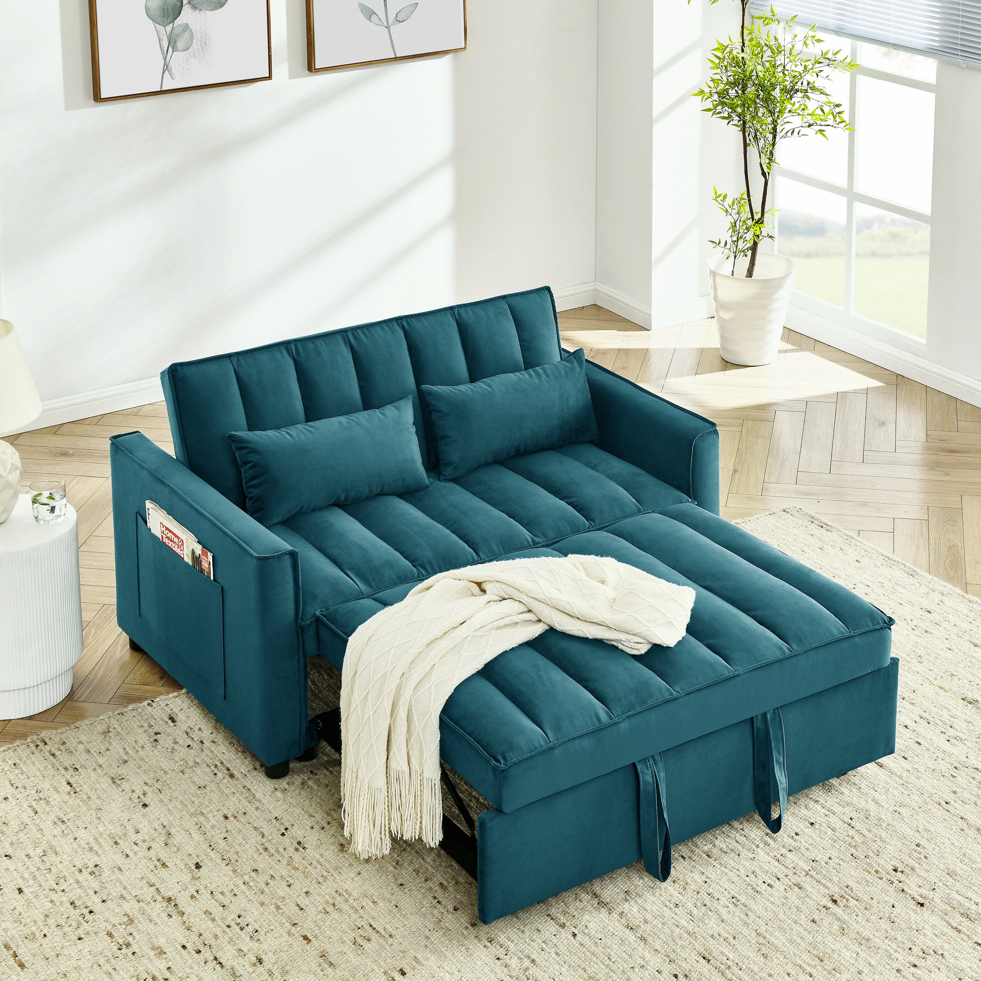 modern velvet loveseat sofa couch  pull out  bed,3 in one convertible for living room sofa bed,blue