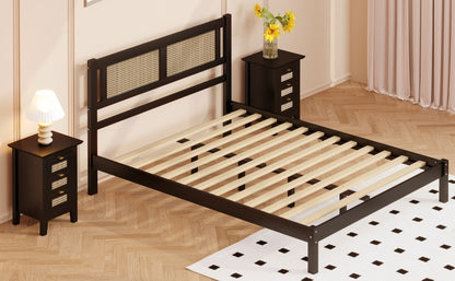 Queen Size Wooden Platform Bed with Natural Rattan Headboard, Exquisite Elegance with Minimalist Charm for Bedroom, Black