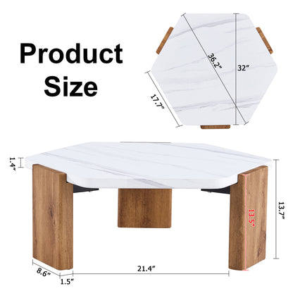 Modern practical MDF coffee table with white tabletop and wooden toned legs. Suitable for living rooms and guest rooms.