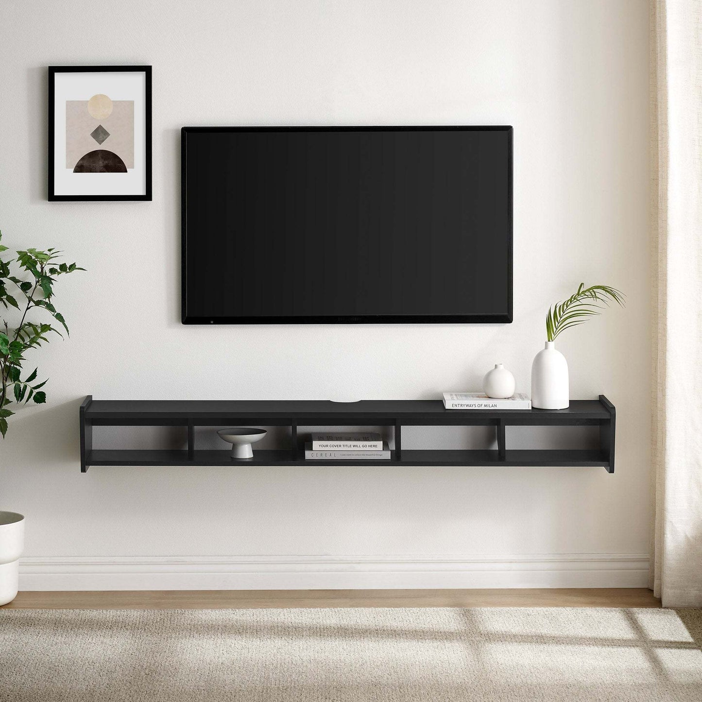 Modern Wall-Mounted Floating TV Stand – Solid Black