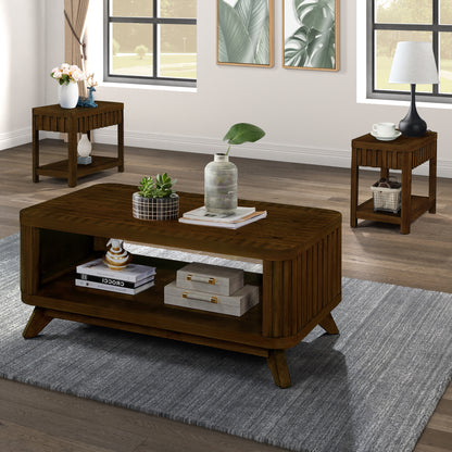 Rectangular Living Room Coffee Table Set, 3-Piece Living Room Table Set with Solid Wood Legs, 1 Coffee Table and 2 End Table, Wood Center Table Tea Table Set .Easy Assembly, Walnut