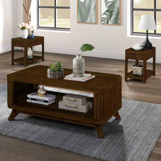 Rectangular Living Room Coffee Table Set, 3-Piece Living Room Table Set with Solid Wood Legs, 1 Coffee Table and 2 End Table, Wood Center Table Tea Table Set .Easy Assembly, Walnut