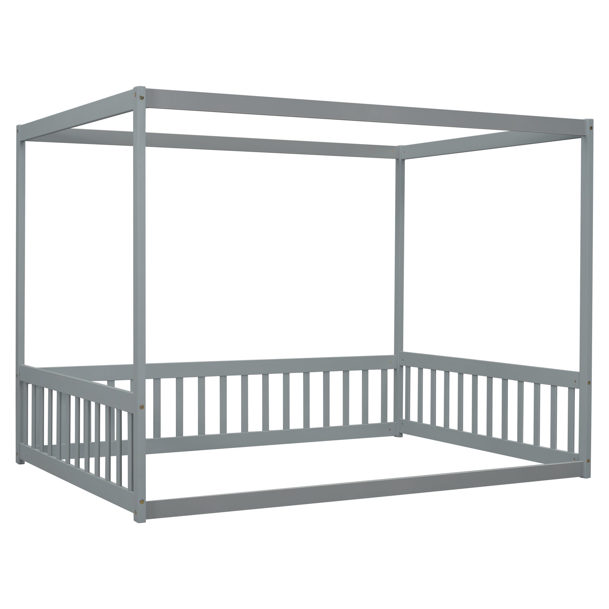 Full Size Canopy Frame Floor Bed with Fence, Guardrails,Grey