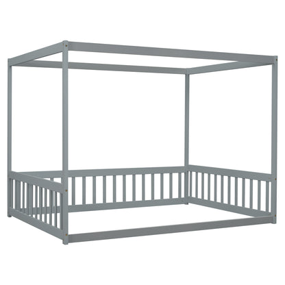 Full Size Canopy Frame Floor Bed with Fence, Guardrails,Grey