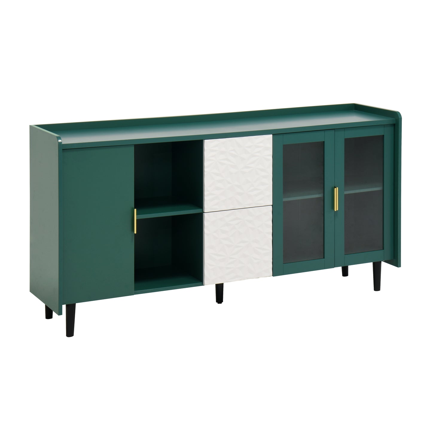 Modern Kitchen Pantry Storage Cabinet , 55" Coffee Bar Storage Cabinet with 2 Drawers, 2 Open Storage Compartment & 2 Glass Doors, Wood Buffet Table for Kitchen, Living Room, Green