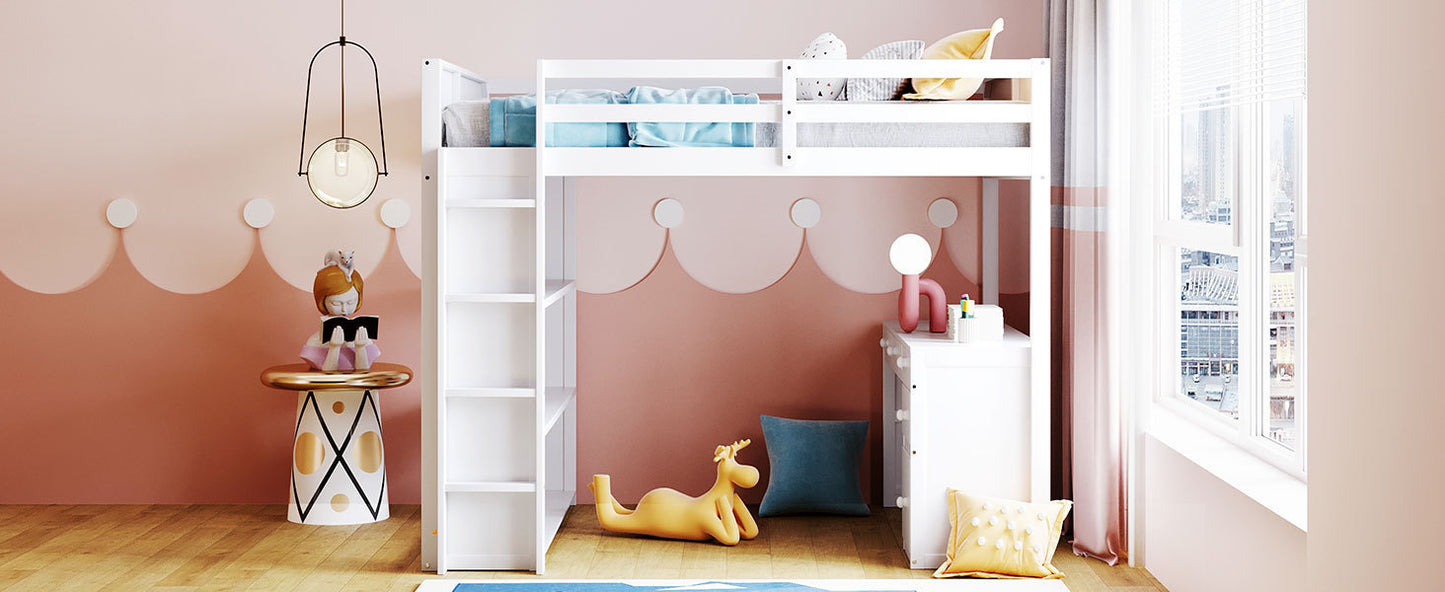 Full Size Loft Bed with Ladder, Shelves, and Desk, White