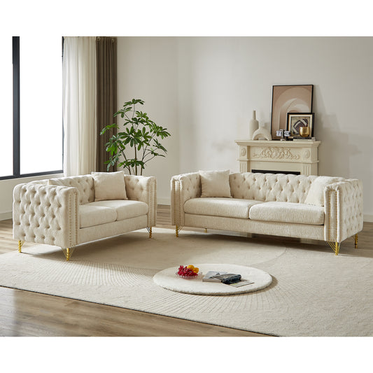 Chenille Pull Buckle Design Sofa for Living Room,Buttons Tufted With Copper Nail Decoration Armrest, Modern Couch Upholstered Button And Metal Legs