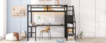 Full Size Loft Bed with L-shaped Desk and USB, Metal Loft Bed with Wardrobe and Adjustable Shelf, High Loft Bed with LED for Kids Teens Adults, Black