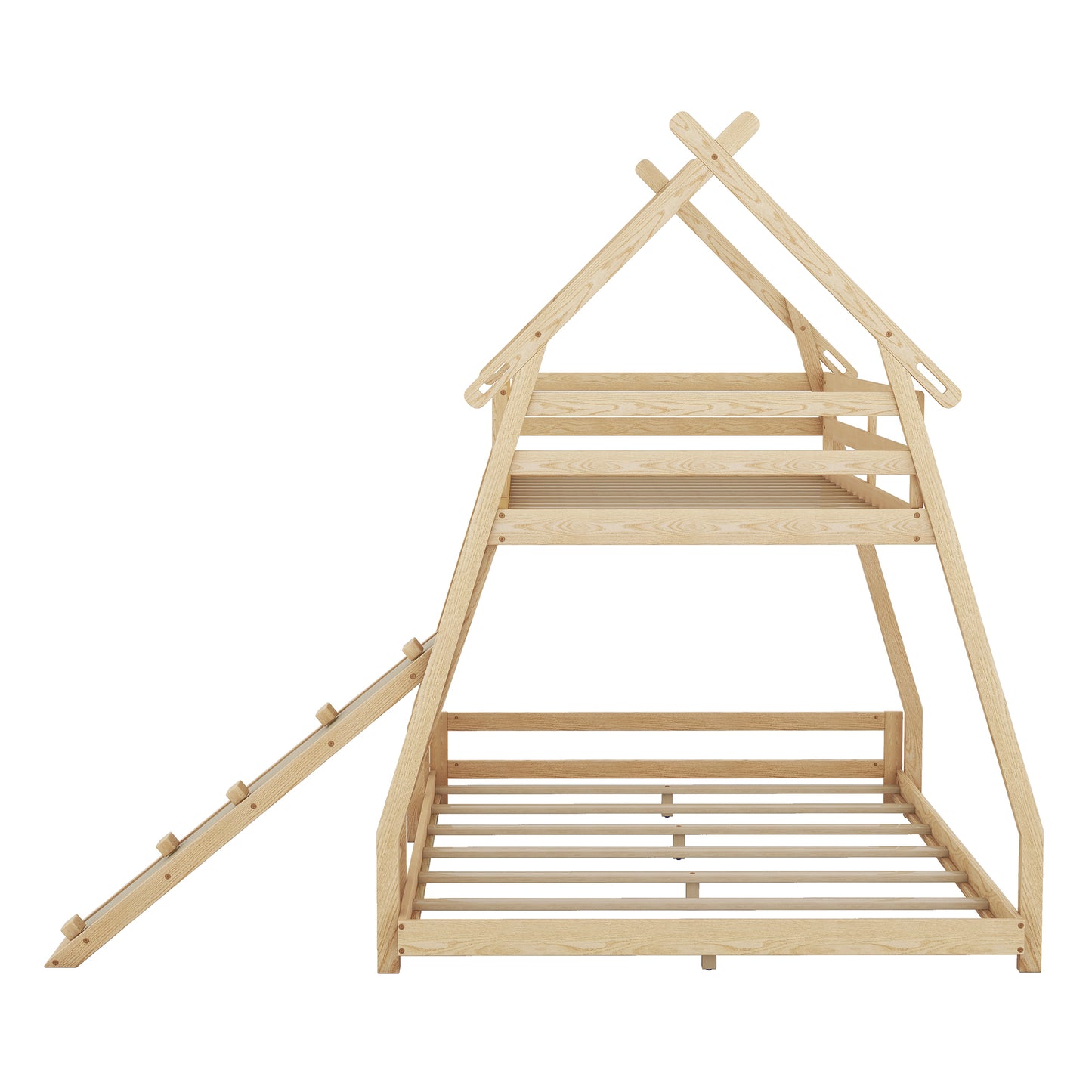 Twin over Queen House Bunk Bed with Climbing Nets and Climbing Ramp, Natural