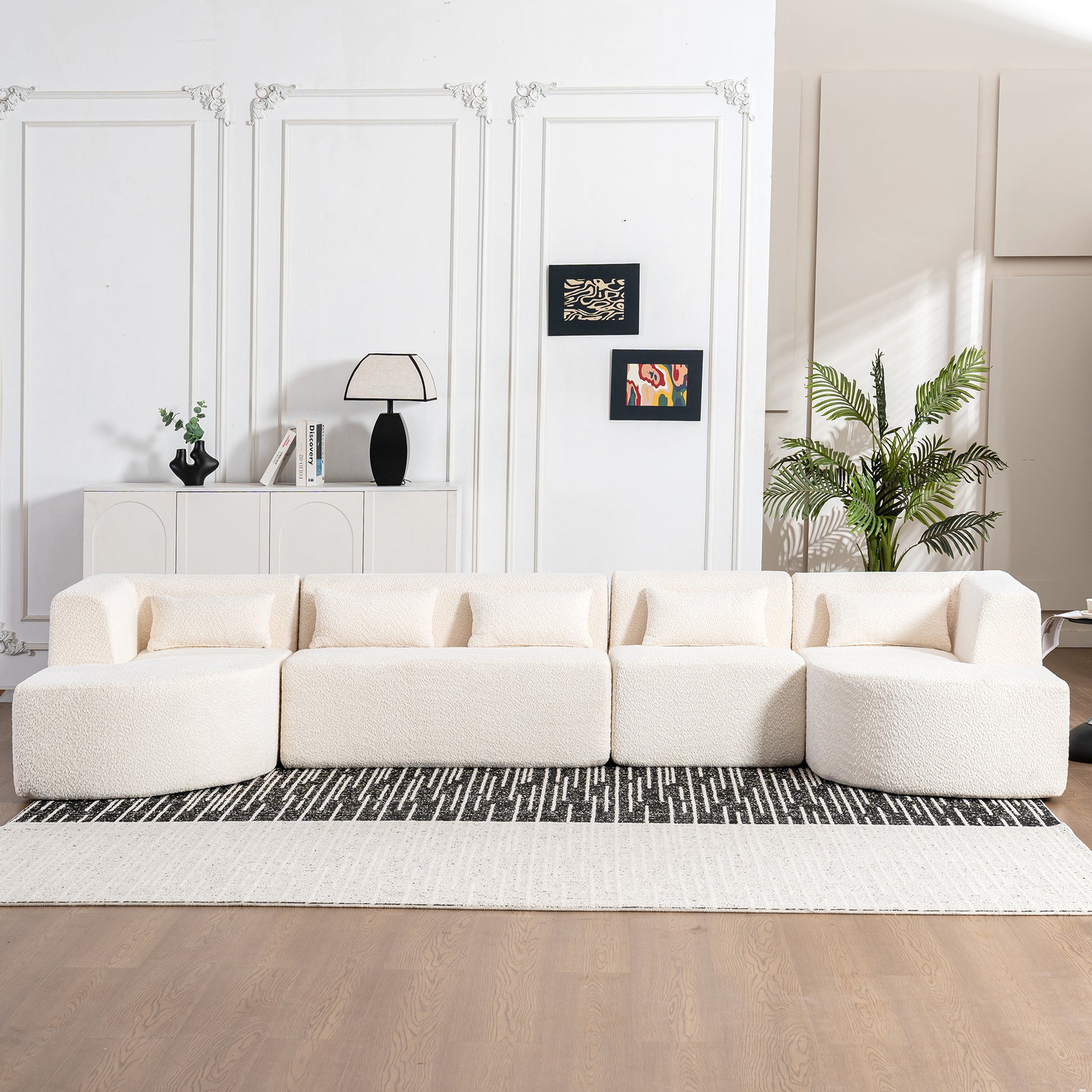 143.7" Upholstered Sofa Free-combined Sofa Couch with Two Chaise Lounge and Five Back Pillows for Living Room, Beige