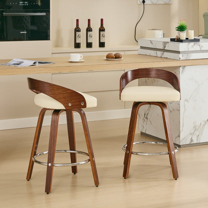 Bar Stools Set of 2, Swivel Bar Height Stools with Low Back, Wood Bar Chairs with Soft Cushion Seat, 25-Inch Seat Height (Beige, 25" Counter Height)