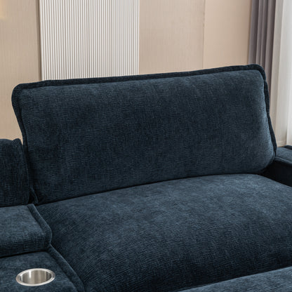 112.6" Sectional Sofa Chenille Upholstered Sofa with Two Removable Ottoman, Two USB Ports, Two Cup Holders and Large Storage Box for Living Room, Blue