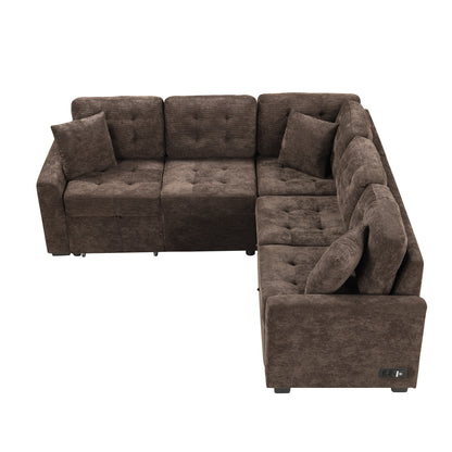 82.6" L-shape Sofa Bed Pull-out Sleeper Sofa with Wheels, USB Ports, Power Sockets for Living Room, Brown