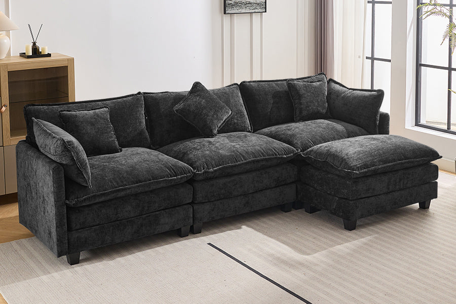 112.2" L-Shape Chenille Upholstered Sofa for Living Room Modern Luxury Sofa Couch with Ottoman and 5 Pillows for Living Room (SG001160AA), Black