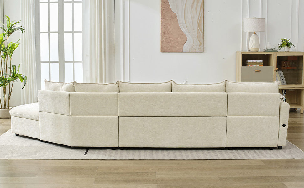 146.9" L-shaped Sofa Sectional Sofa Couch Pull-out Sofa Bed with a Movable Storage Ottoman, a Storage Chaise Lounge and Two USB Ports for Living Room, Beige