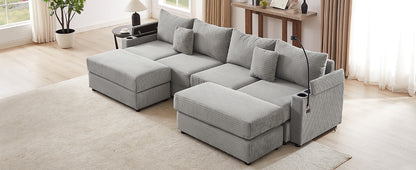 123.2" Modern Style 4-seater Sofa Sectional Sofa Couch with Storage Space, Two Movable Ottomans, Two USB Ports, Two Cup Holders, A Phone Holder for Living Room, Grey