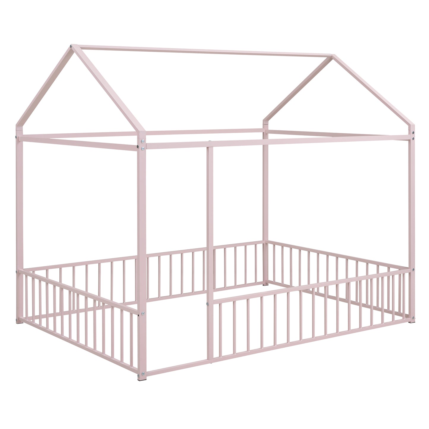 Full Size Metal Bed House Bed Frame with Fence, for Kids, Teens, Girls, Boys,Pink