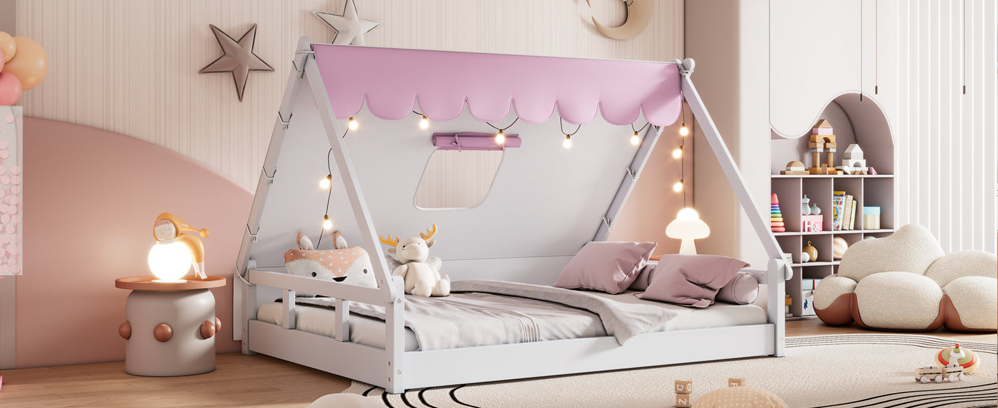 Wooden Full Size Tent Bed with Fabric for Kids,Platform Bed with Fence and Roof, White+Pink