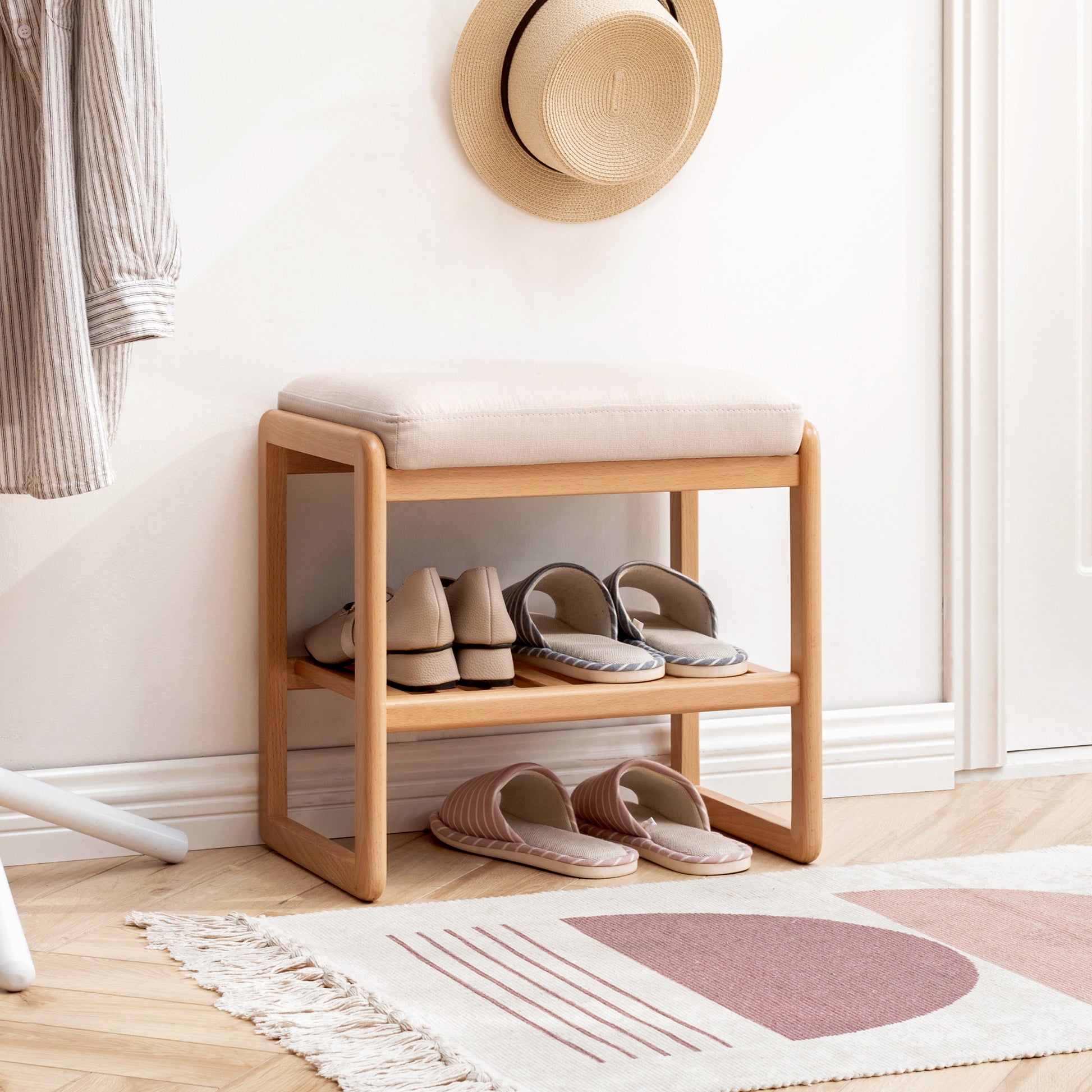 Natural Solid Wood Shoe Bench, Beech Wood Storage Rack Organizer with High Rebound Sponge Cushion