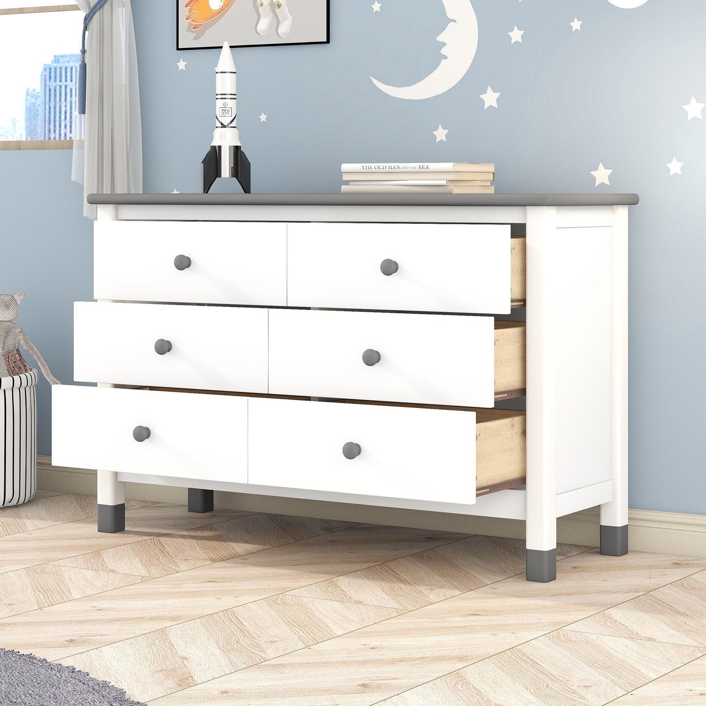 Wooden Storage Dresser with 6 Drawers,Storage Cabinet for kids Bedroom,White+Gray