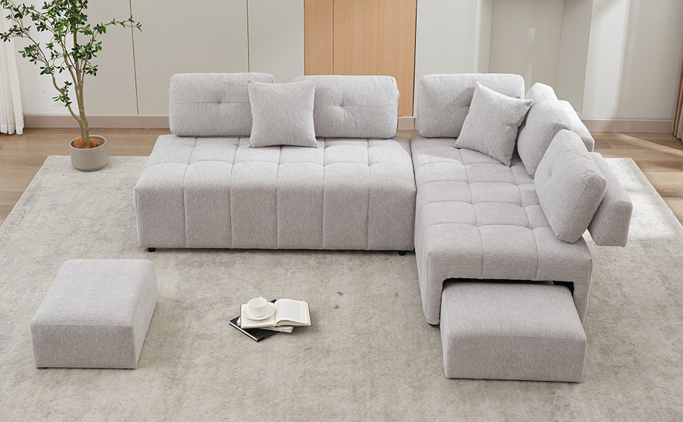 91.73" L-shaped Sofa Sectional Sofa Couch with 2 Stools and 2 Lumbar Pillows for Living Room, Light Grey