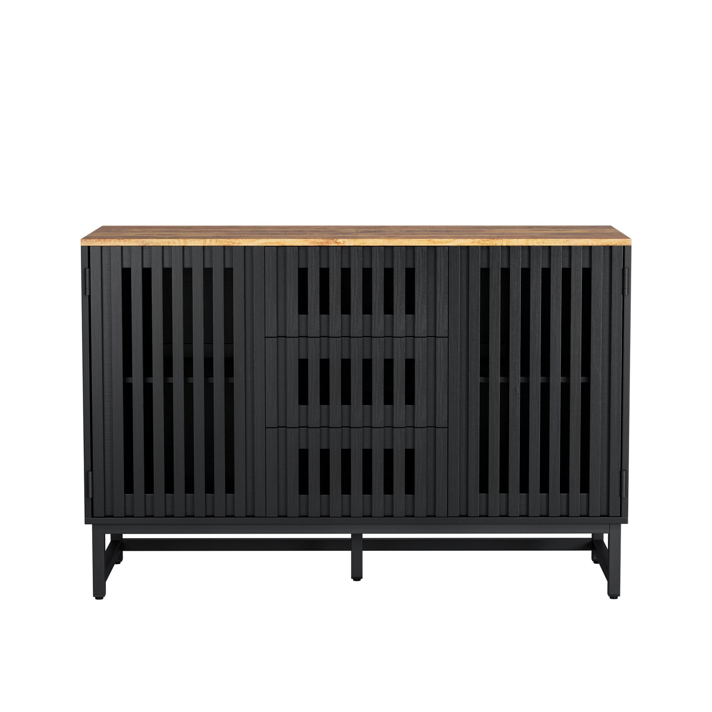 3 Drawer and 4 Shelves Dresser with Slatted Grille Striped Drawer and doors, Modern Style Dresser, High-Quality MDF and Metal Leg