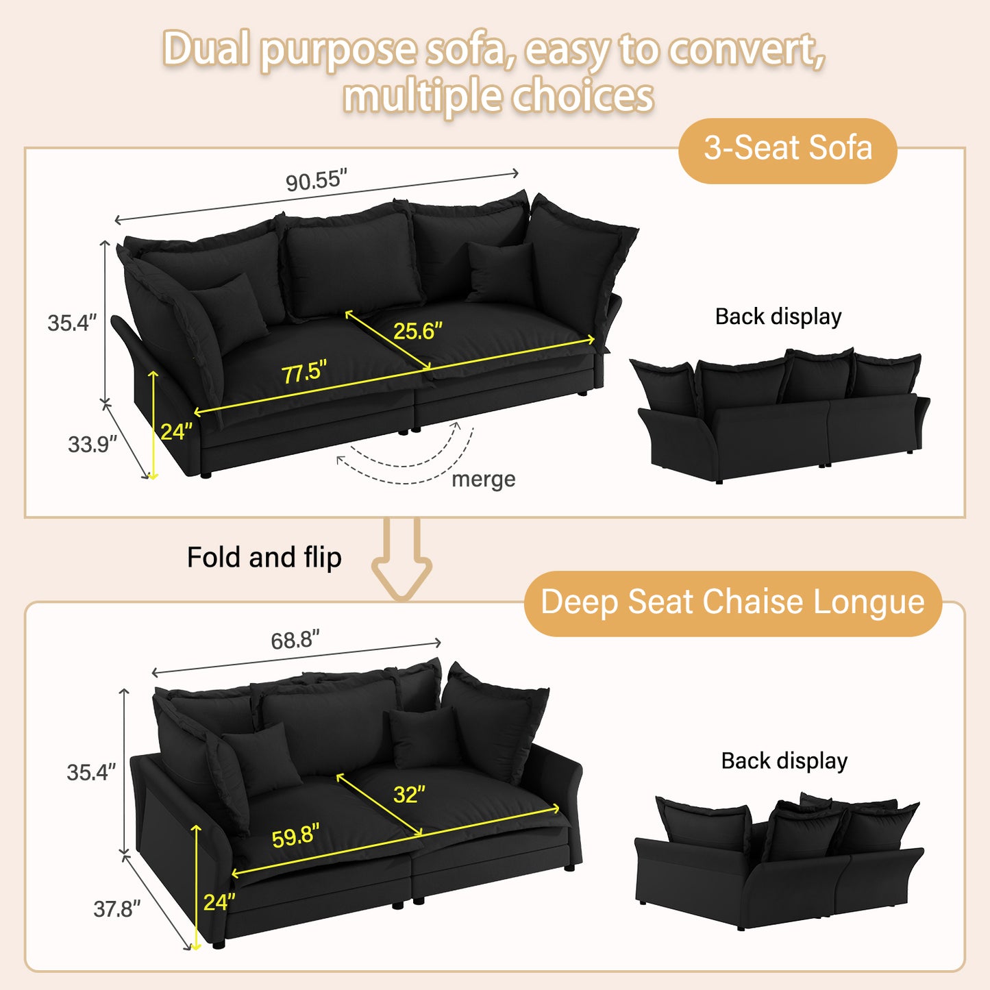 90.55" Modern Comfy Upholstered Sofa Cloud Couch, Deep Seat Couches with Multiple Large Soft Pillows,Convertible Deep Seat Chaise Longue for Living Room Bedroom,Apartment,Office,BLACK