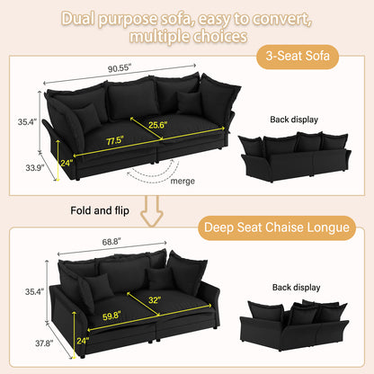 90.55" Modern Comfy Upholstered Sofa Cloud Couch, Deep Seat Couches with Multiple Large Soft Pillows,Convertible Deep Seat Chaise Longue for Living Room Bedroom,Apartment,Office,BLACK