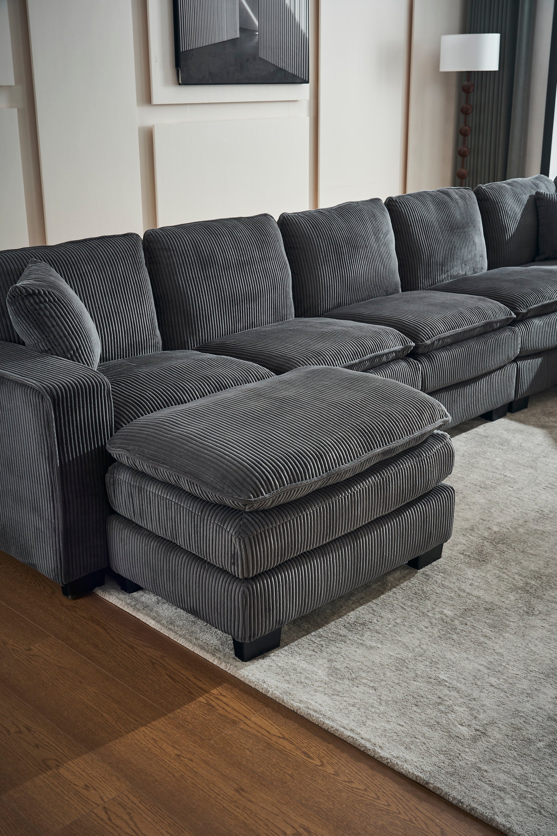 Modern U Shaped 6-seat Sectional Sofa Couch with one Ottoman and three toss pillows ,Modular Sofa for Living Room,Corduroy sofa