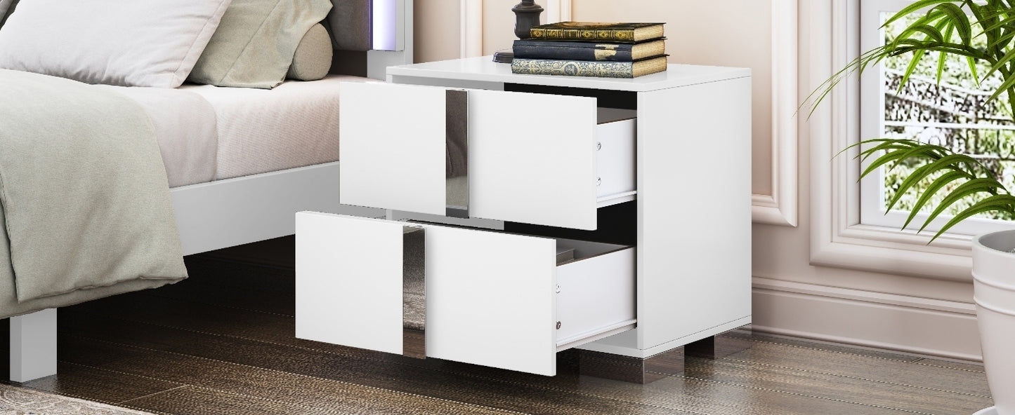 Elegant Nightstand with Metal Handle,Mirrored Bedside Table with 2 Drawers for Bedroom,Living Room,White