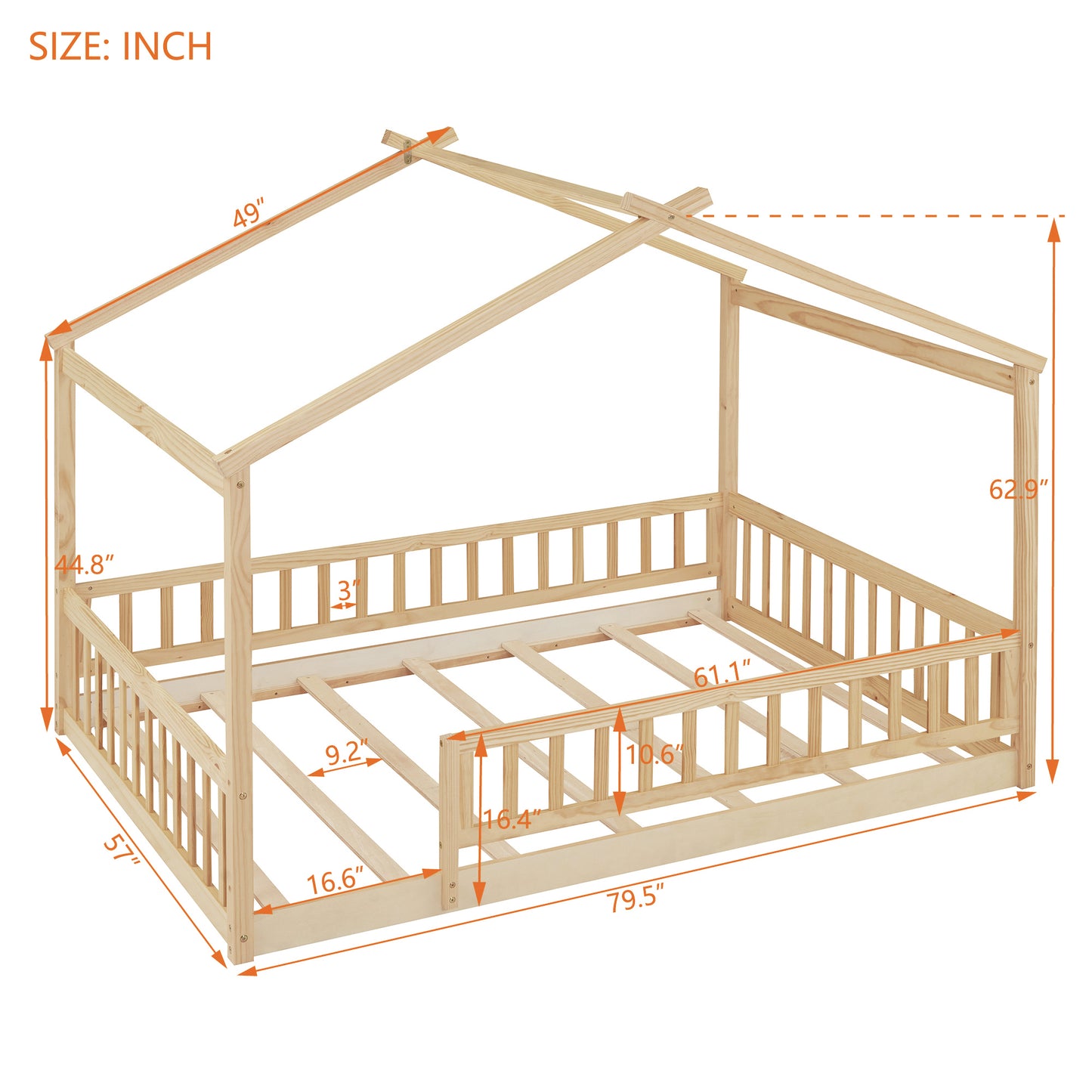 Full Size Wood Bed House Bed Frame with Fence, for Kids, Teens, Girls, Boys,Natural