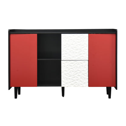 Sideboard Buffet Cabinet, Black Storage Cabinet with Red Doors , 2 Drawers with unique panel styling and 2 Open Storage Compartment, Modern Coffee Bar Cabinet Accent Cabinet for Kitchen, Dining Room,