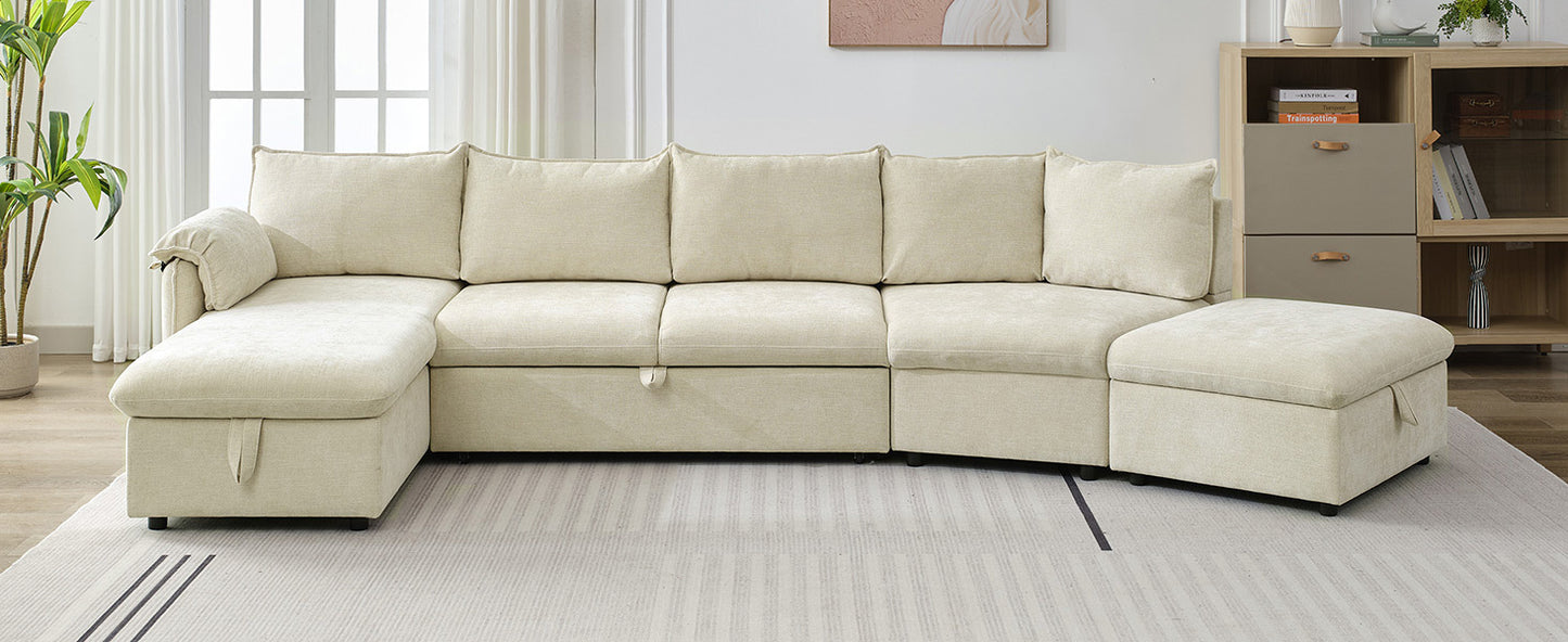 146.9" L-shaped Sofa Sectional Sofa Couch Pull-out Sofa Bed with a Movable Storage Ottoman, a Storage Chaise Lounge and Two USB Ports for Living Room, Beige