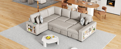 109" U-shaped Sectional Sofa Pull-out Sofa Bed with Two USB Ports, a Storage Chaise Lounge and Four Back Pillows for Living Room, Beige