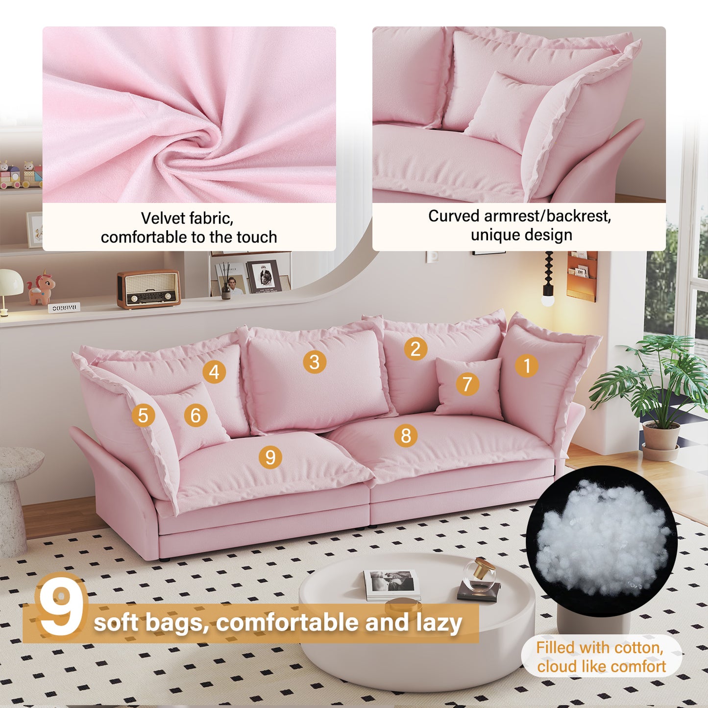 90.55" Modern Comfy Upholstered Sofa Cloud Couch, Deep Seat Couches with Multiple Large Soft Pillows,Convertible Deep Seat Chaise Longue for Living Room Bedroom,Apartment,Office,PINK