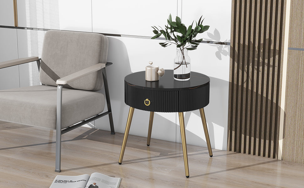 ON-TREND Φ19.6'' Easy Assembly End Tables with High Gloss Faux Marble Tabletops, Set of 2, Modern Fluted 2 Side Tables with Drawers, Round Coffee Tables with Golden Legs for Living Room, Black