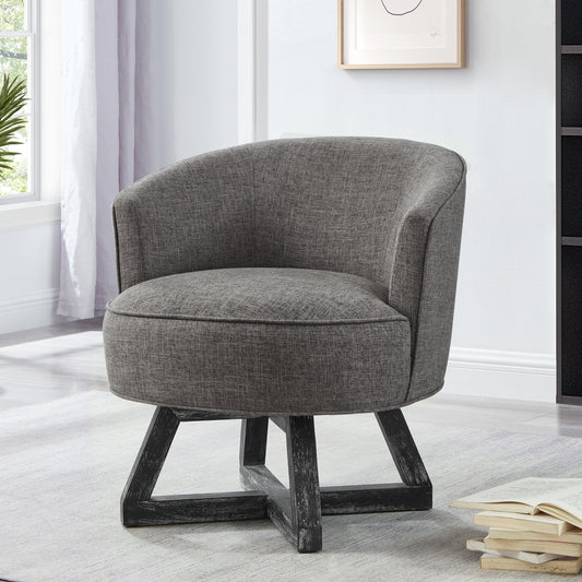 Swivel chair with cross-shaped wooden base,Lounge chair with solid wood legs, 360°freely Swivel chair ,  Classic linen Fabric for living room, bedroom, office, dresser -Dark Gray