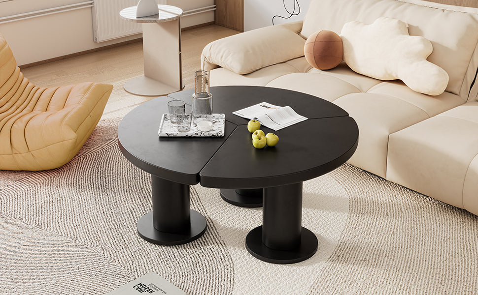 ON-TREND Φ39.4'' Easy Assembly Round Petal-Shaped Coffee Table, Cream Style Center Table with 3 Thick Legs, Minimalist Irregular End Table with Sleek Round Edges for Living Room, Black