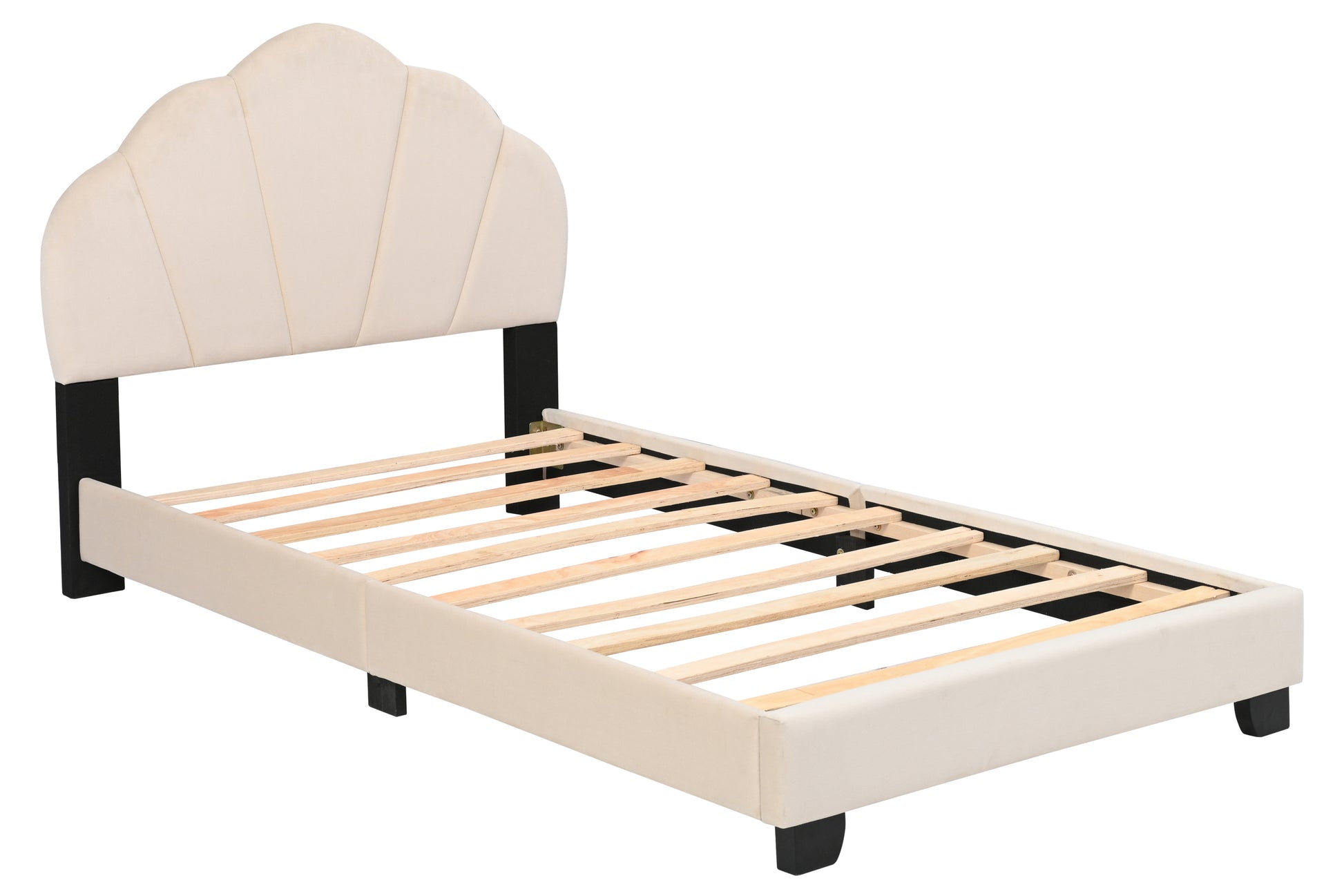 Upholstered Twin Size Platform Bed for Kids, with Slatted Bed Base, No Box Spring Needed, White color, Shell Design