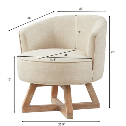 Swivel chair with cross-shaped wooden base,Lounge chair with solid wood legs, 360°freely Swivel chair ,  Classic linen Fabric for living room, bedroom, office, dresser -Beige