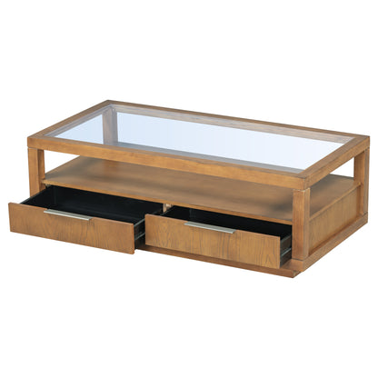 U-Can Modern Wood Coffee Table with 2 Drawers ,Minimalist Display Coffee Table with Transparent Tempered Glass, Open Storage Shelf for Living Room