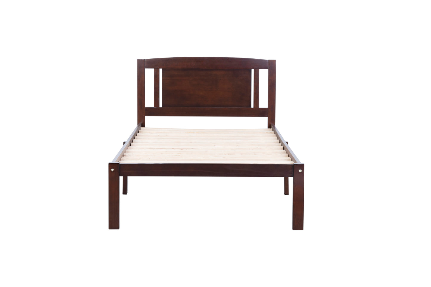 Twin Size Bed, Wood Platform Bed Frame with Headboard For Kids, Slatted, Dark Walnut