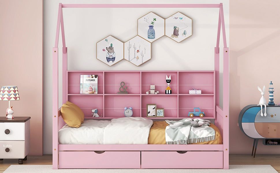 Wooden Twin Size House Bed with 2 Drawers,Kids Bed with Storage Shelf, Pink