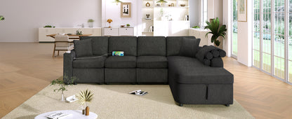 109.8"L-shaped Couch Sectional Sofa with Storage Chaise,Cup Holder and USB Ports for Living Room, Black