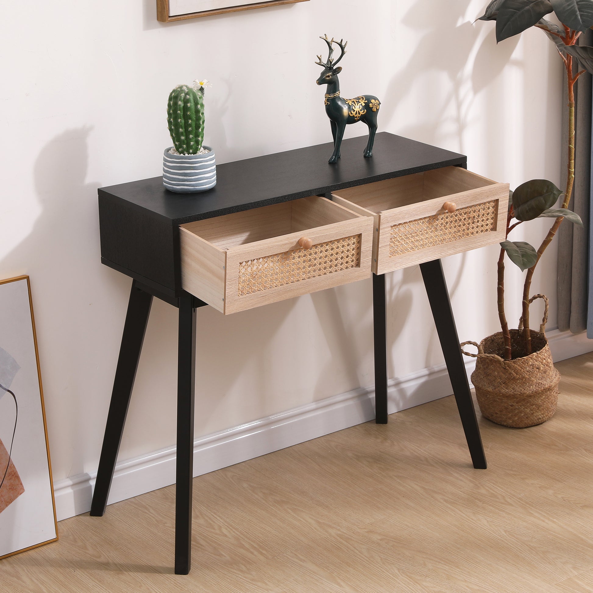 Side table with two real rattan drawers, solid wood table legs,can be used in the dining room, living room,bedroom,entrance,black