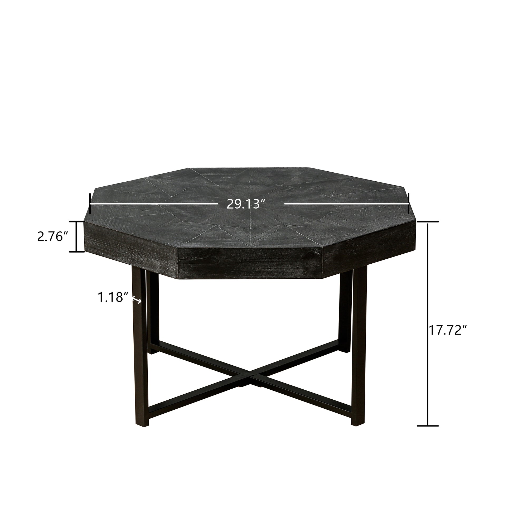 Wood Octagonal Vintage Patchwork Craft Farmhouse 30 Inch Wooden Table Top  Cross Metal Legs Coffee Table for Living Room(Antique Black)