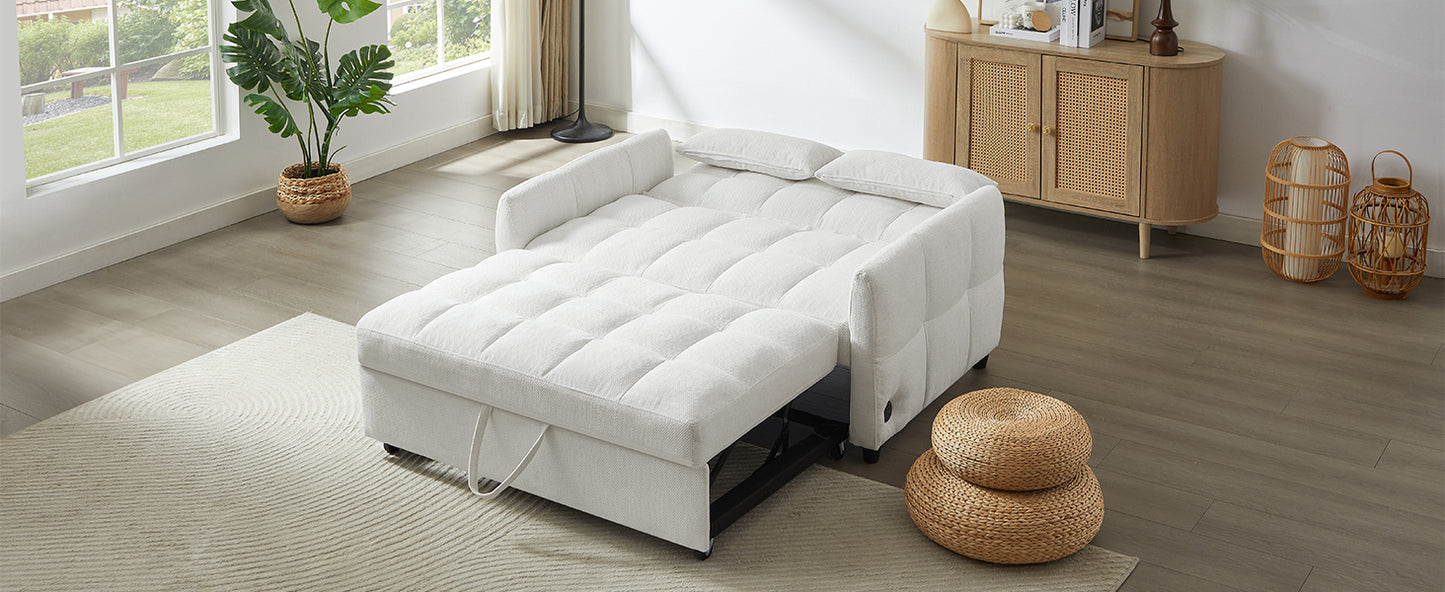 52.8" Loveseat Sofa Pull-out Sofa Bed Tufted Sleeper Sofa with an Adjustable Backrest, Three USB Ports and Two Lumbar Pillows for Living Room, Beige