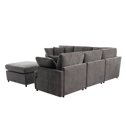 [ Video Provided]U_STYLE Upholstered Sectional Sofa with Removable Ottoman,U-Shape 6 Seat Sectional Couch,  for Living Room,,Apartment, Spacious Space