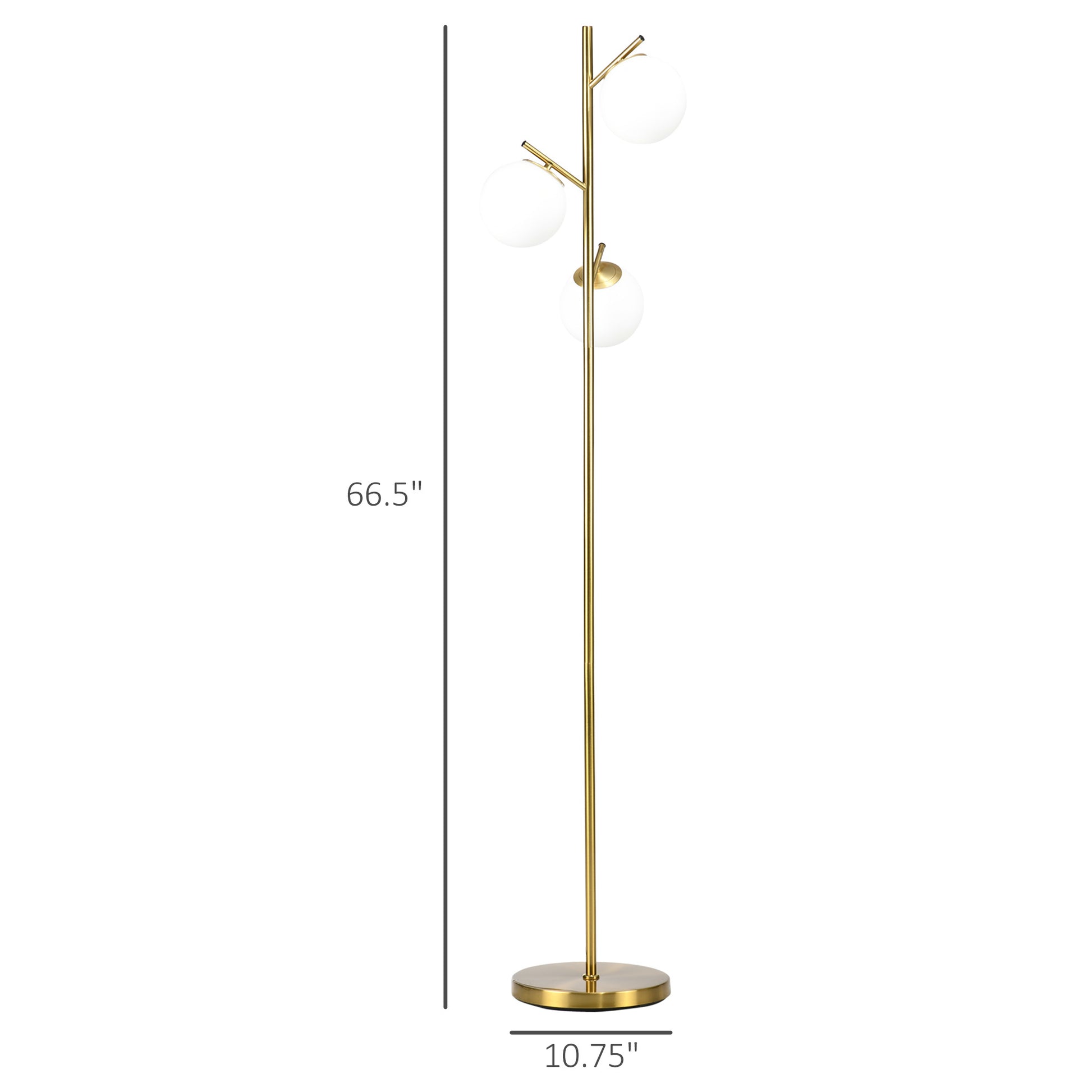 HOMCOM 3-Light Modern Floor Lamps for Living Room, Tree Standing Lamp for Bedroom with Globe Lampshade, Steel Base, (Bulb not Included), Gold