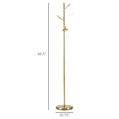 HOMCOM 3-Light Modern Floor Lamps for Living Room, Tree Standing Lamp for Bedroom with Globe Lampshade, Steel Base, (Bulb not Included), Gold